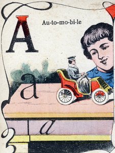 Kirjain A auto. Kaiverrus "ABC des joux pour petits boys". Kuvaus Pont-a-Moussonista, Louis Vagne, painokustantaja, 1800-luvun loppu. Mitat: 32,5x25 cm tekijältä French School