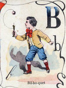 Kirjain B Bilboquet. Kaiverrus "ABC des joux pour petits boys". Kuvaus Pont-a-Moussonista, Louis Vagne, painokustantaja, 1800-luvun loppu. Mitat: 32,5x25 cm tekijältä French School