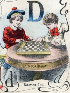 Kirjain D: Tammipeli. Kaiverrus "ABC des joux pour petits boys". Kuvaus Pont-a-Moussonista, Louis Vagne, painokustantaja, 1800-luvun loppu. Mitat: 32,5x25 cm tekijältä French School