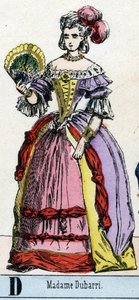 D-kirjain, kuten rouva Dubarri. Jeanne Becu, dit de Cantigny, kreivitär du Barry (1743-1793) muotokuva, Ranskan kuninkaan Ludvig XV:n suosikki. Teatterimuseon johtaja. Kuvaus Epinalista, noin 1830. Mitat: 37,7x47,5 cm. Kaiverrukset puuhun, stencilattu tekijältä French School
