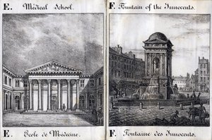 Kirjain E ja F: Lääketieteellinen koulu ja viattomien lähde - "Alphabet Picturesque des Monumens de Paris" n. 1840 (kaiverrus) tekijältä French School