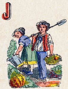 J-kirjain Puutarhurit. Kaiverrus kirjaimella "Alphabet des jeux". Mr. Vagne, toimittaja, Pont-a-Mousson, 1800-luvun loppu. Pinkki sarja. 12 sivua. Albumi, joka sisältää yksinkertaistetun lukumenetelmän ja kuvitetun abeceedaryn. Mitat: 16,5 x 11 cm tekijältä French School