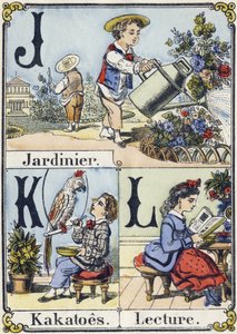 Kirjain J, K ja L: puutarhuri, kakatot ja lukeminen. Luova aakkoset. Epinaalinen kuvantaminen. Stenciloidut puukaiverrukset, n. 1880. Pieni 16-sivuinen vihko tekijältä French School
