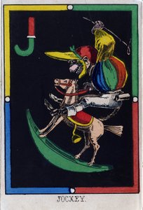 J-kirjain jockeyna (apina keinuhevosella). Apinoiden aakkoset. Puunkaiverrus. Epinalin kuvantaminen tekijältä French School