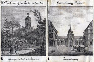 Kirjain K Jardin des Plantesin ja L Palais du Luxembourgin kioski - "Alphabet Picturesque des Monumens de Paris" n. 1840 (kaiverrus) tekijältä French School