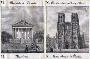 Kirjain M Madeleine ja N Notre-Dame de Paris (Notre Dame de Paris) - "Alphabet Picturesque des Monumens de Paris" n. 1840 (kaiverrus) tekijältä French School