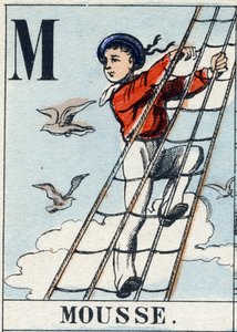 M-kirjain vaahtona. Laivaston aakkoset. Epinaalinen kuva, 1800-luvun loppu. Stensiilinvärinen puukaiverrus tekijältä French School