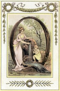 Q-kirjain, joka edustaa äitiä ja hänen poikaansa juomassa vettä keväästä, 1800-luvun lopulla (kromolitografia) tekijältä French School
