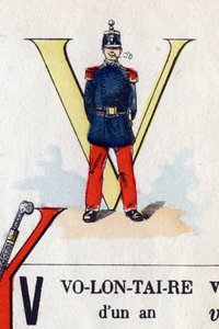 V-kirjain vapaaehtoisena. Sotilaallinen aakkoset. Kuvaus Epinalista, noin 1870-1880. Stensiiliväriset puupiirrokset tekijältä French School
