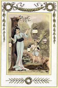 Kirje, joka esittää japanilaista äitiä ja hänen poikaansa lyhtyineen, 1800-luvun loppu (kromolitografia) tekijältä French School