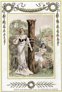 Kirje, joka edustaa soittavaa äitiä ja tytärtä, 1800-luvun loppu (kromolitografia) tekijältä French School