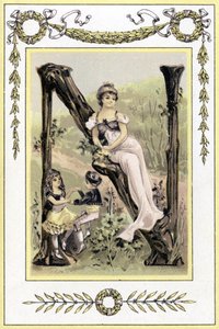 Kirje, joka esittää äitiä ja hänen lapsiaan tanssimassa, 1800-luvun loppu (kromolitografia) tekijältä French School