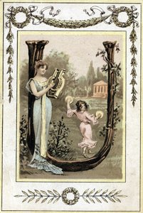 Kirje, joka esittää lyyraa soittavaa äitiä ja hänen tytärtään tanssimassa timpanilla, 1800-luvun loppu (kromolitografia) tekijältä French School