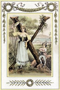 Kirje, joka esittää äitiä timpanilla ja hänen poikaansa säkkipillipaimenessa, 1800-luvun loppu (kromolitografia) tekijältä French School