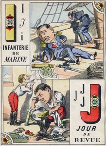 Letters I ja J: Marine Infantry and Review Day. Kaiverrus "Comic Military Alphabet". Viides sarja. Epinaalinen kuvantaminen. Pellerin ja Cie, tulostimet, Epinal, 1800-luvun loppu. 16 sivua. Mitat: 25 x 18,5 cm tekijältä French School