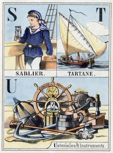 S-kirjaimet tiimalasina, T-kirjain tartaanina, U-kirjain astioita ja välineitä. Laivaston 16-sivuinen aakkoset isoilla kirjaimilla. Epinaalinen kuva, 1800-luvun loppu. Stenciloidut puukaiverrukset Mitat: 21x14,5cm tekijältä French School