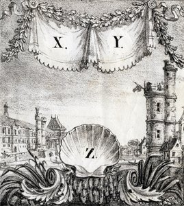 Kirjaimet X, Y ja Z: Pariisi vuonna 1500 - "Alphabet Picturesque des Monumens de Paris" noin 1840 (kaiverrus). tekijältä French School