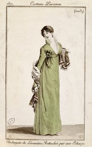 Levantine takki, joka kiinnitetään huivilla, muotilautanen Costume Parisien, 1810 tekijältä French School