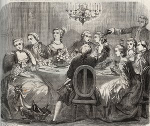 Libertinage: Christian VII (1749-1808), Tanskan ja Norjan kuningas tanssija Marie Madeleine Guimardin (1743-1816) järjestämän vapaapäivän aikana Pantinin talossaan. Kaiverrus vuodelta 1871 Henry de Kockin (1819-18) teokseen "Histoire Des Cocus Celebres" tekijältä French School