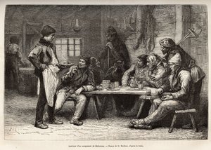 Woodcheron-leirin sisustus Ontariossa, kaiverrus D.Maillardin piirustuksen mukaan, joka havainnollistaa retkiä Kanadaan ja Northern Red Riveriin, H. De Lamotte, vuonna 1873, julkaistu "" Le world tour"" -lehdessä 1875 , editoi Edouard tekijältä French School