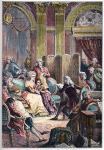 Kirjallisuussalonki - Jacques-Henri Bernardin of Saint-Pierre (Saint Pierre) lukee "" Paul ja Virginie" Madame Neckerin salongissa Pariisissa - yhdessä rouva Neckerin kanssa, hänen miehensä Jacques Neckerin ja tyttärensä Germainen, myöhemmin rouva de Stael tekijältä French School