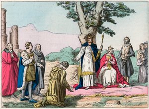 Ludvig IX, dit "Saint-Louis" (1214-1270) tekee oikeutta kaikille alamaisilleen Bois de Vincennesissä - Saint Louis (1214-1270) tekee oikeuden - Kaiverrus 1800-luvun lopusta kirjassa "Nos Gires Nationales" - Kuvat ja lausunnot"" tekijältä French School