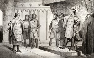 Louis VIII (1187-1226) leijona vastaanottaa lähettilään Englannin viholliselta Henrik III:lta (1207-72), Colartin "Histoire de France" -teoksesta, julkaistu noin 1840 tekijältä French School