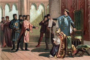 Ludvig VIII, joka tunnetaan nimellä "Leijona" (1187 - 1226), Kapetian dynastia, vastasi ylpeästi ja kiivaasti Englannin kuninkaan Henrik III:n lähettilään. Kromolitografia noin 1890. tekijältä French School