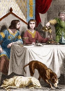 Ludvig VII Nuori tai hurskas (1120-1180) vaimonsa Akvitanian Alienorin (1122-1204) (tai Guyennen Eleonoren) kanssa. tekijältä French School