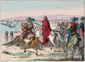 Ludvig XIII (1601-1643) ja kardinaali Richelieu La Rochellen kotipaikalla, protestanttien asettama lokakuussa 1628 - kardinaali de Richelieu ja Louis XIII (1602-43) La Rochellen piirityksessä lokakuussa 1628 - kaiverrus 1800-luvun lopulla tekijältä French School