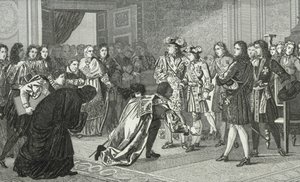 Ludvig XIV (1638-1715) aurinkokuningas esittelee pojanpoikansa Philippe V:n (1683-1746) Espanjan lähettiläille Colartin teoksesta "Histoire de France", julkaistu noin 1840. tekijältä French School