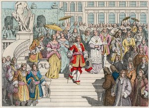 Ludvig XIV (Louis 14) ja hänen hovinsa Versaillesissa - Ranskan Ludvig XIV ja hänen hovissaan Versaillesissa - Kaiverrus 1800-luvun lopusta "" Nos Gires Nationales - Images et recits"" tekijältä French School