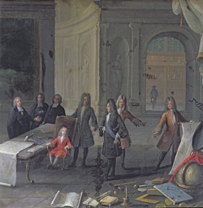 Ludvig XIV osallistui pojanpoikansa, tulevan Ludvig XV:n, oppitunnille, n. 1715 tekijältä French School