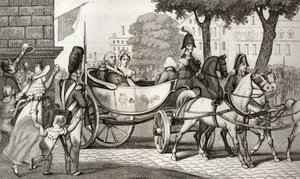 Ludvig XVIII (1755-1824) saapuu Pariisiin vuoden 1814 restauroinnin yhteydessä Colartin "Histoire de France" -teoksesta, julkaistu n. 1840 tekijältä French School