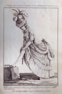 Ludvig XVI:n muoti: nuoren naisen jalkamuotokuva puolalaisessa taft-mekossa. Kaiverrus vuodelta 1778. Pariisi, koristetaide tekijältä French School