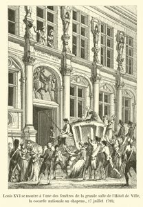 Ludvig XVI näyttää itseään kuun Hôtel de Villen suuren salin ikkunoista, kansalliskokarda hatussa, 17. heinäkuuta 1789 tekijältä French School