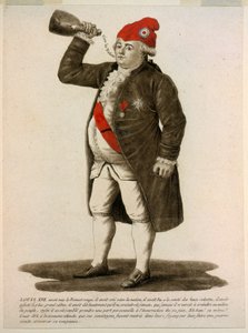 Ludvig XVI pukeutunut punaiseen lippaan ja huutaa "Eläköön kansakunta", pubi 1792 (käsinvärinen etsaus) tekijältä French School