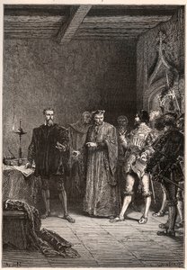 Louis de Berquin (1485-1529), ritari ja humanisti, uskonnollinen uudistaja, Jean de la Barren (1523-1533) vapauttama prevot de Paris - Louis de Berquin (vasemmalla) vapautettiin vankilasta John de la Barren toimesta - kaiverrus kirjasta "" Ranskan historia tekijältä French School