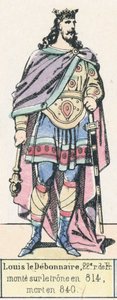 Louis le Debonnaire, 22. Ranskan kuningas, nousi valtaistuimelle vuonna 814, kuoli vuonna 840 (värillinen kaiverrus) tekijältä French School