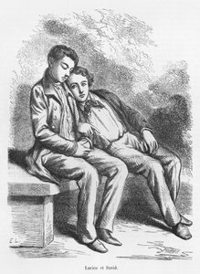 Lucien de Rubempre ja David Sechard, kuvitus Honore de Balzacin teoksesta "Les Illusions perdues" tekijältä French School
