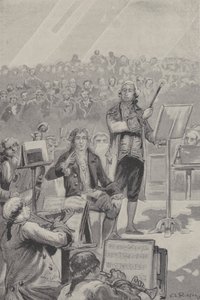 Ludwig van Beethoven johtaa orkesteria kuuroudesta huolimatta (kaiverrus) tekijältä French School