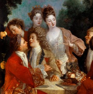 Lounas Parc Des Noblesissa maalaisjuhlissa. Yksityiskohta 1700-luvun ranskalaisen koulun maalauksesta. Orleansin taidemuseo tekijältä French School