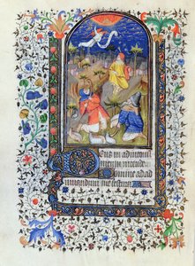 MS 1278 fol.106v Ilmoitus paimenille, Heures a lusage de Troyes, Studio of the Master of the Rohan Hours, n. 1413-20 tekijältä French School