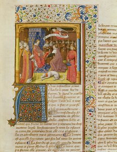 MS 246 f.1r Raoul de Presles esittelee käännöstään Charles V:lle (1338-80) St. Augustinuksen La Cite de Dieusta, kääntänyt Raoul de Presles (1316-82) n. 1400-50 tekijältä French School