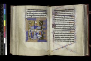 MS 300 f.177v-178r, Matins, Virgin and Child istuvat kahden maljakon välissä penkillä (yläpuolella); Kristuksen pettäminen, jossa Juudas suutelee Kristusta ja pyhä Pietari leikkaa Malkuksen korvan (alla), Ranskalaisen Isabellan psalteri ja tunnit, Pariisi, tekijältä French School