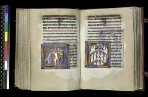 MS 300 f.198v-199r, Äänioikeus ristille ja äänioikeus enkeleille, Psalter and Hours of Isabella of France, Paris, n. 1265-1270 (kynä ja muste ja tempera pergamentilla) tekijältä French School