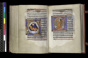 MS 300 f.206v-207r, Suffrage to St Margaret and Suffrage to St. Catherine, Psalter and Hours of Isabella of France, Paris, n. 1265-70 (kynä & muste ja tempera pergamentilla) tekijältä French School