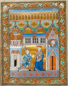 MS 300 fol.VIIi Kuningas Daavid vastaanottaa uutisen Absalomin kuolemasta Ranskan Isabellin psalteritunneilta, n. 1255 tekijältä French School