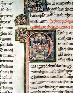 MS 3 Fol. 291v Pyhän Paavalin pako Damaskoksesta, valaistu alkukirjain P, 1200-luku, Avranchesin Raamatusta tekijältä French School