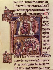 MS Fr 9081 f.99v Historioitu alkukirjain R, jossa Flanderin kuningas Baldwin I (1171-1205) kruunattiin latinalaiseksi keisariksi vuonna 1204 ja hänen anteliaisuudestaan lapsensa lähettävää turkkilaista naista kohtaan tekijältä French School